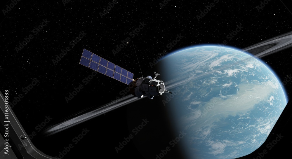 Poster spacecraft orbiting a ringed planet with starry background in deep space