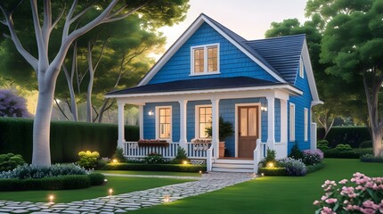 blue painted small house with garden