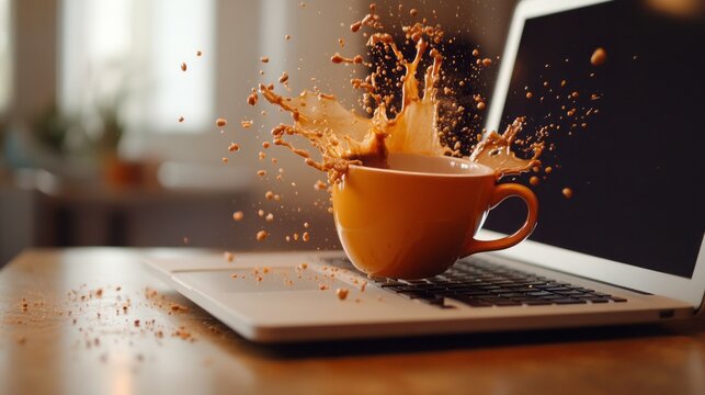 A bright yellow cup of coffee tips over, spilling its contents onto a laptop keyboard on a wooden table - Powered by Adobe
