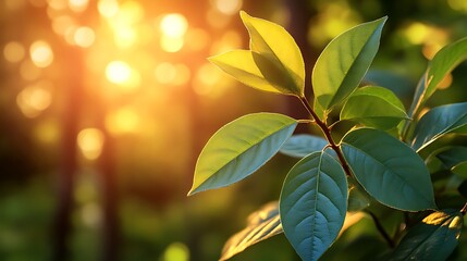 Obraz premium Golden Sunlight Illuminates Lush Green Leaves In Nature