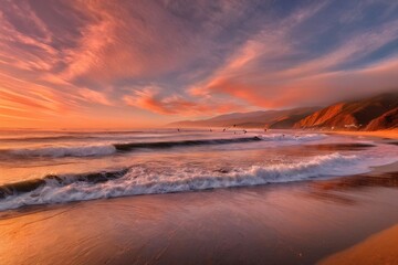 Stunning view of sunset over ocean, gentle waves creating ripples on sand, vibrant sky filled with warm colors, perfect for marketing tranquility, outdoor adventures, or calming retreats.