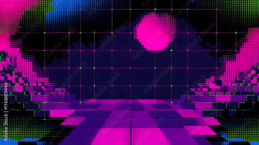 Poster abstract geometric background design elements in 80s, 90s, y2k, 2000s lo-fi retro 8-bit pixel retro 