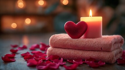 Spa decoration with burning candle with red heart, fresh towels and rose petals on light table. Serene atmosphere for relaxation and wellness, concept for spa retreats, beauty salons, wellness centers