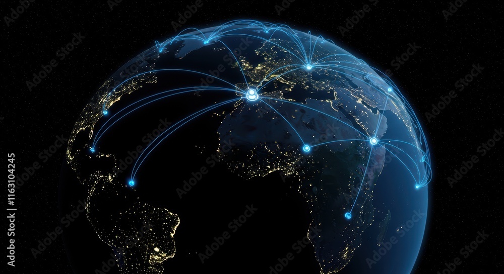 Poster global connectivity: illuminated world map with network connections