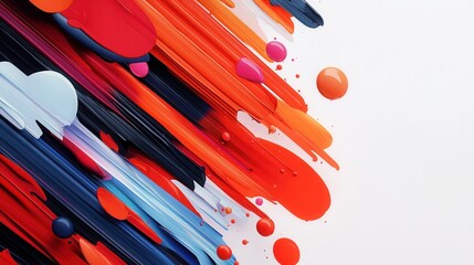 A vibrant abstract design featuring streaks of red, orange, blue, and splashes of color on a white background.