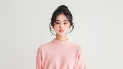 young woman with long hair styled in bun, wearing soft pink sweater, stands against light background, exuding calm and serene expression.
