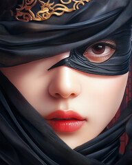 Naklejka premium Mysterious woman in black veil with striking red lips