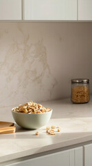 A cereal box mockup displayed on a kitchen counter, alongside a bowl of colorful cereal, creating a vibrant and inviting scene ideal for showcasing branding or design ideas.