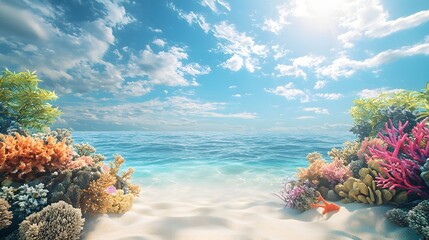 Naklejka premium Tranquil Sandy Beach with Colorful Corals and a Beautiful Starfish Under Bright Sunlight Inviting Relaxation and Natural Beauty in Coastal Paradise