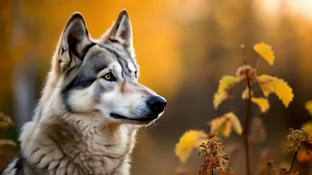a wolf  with  fall foliage in the background