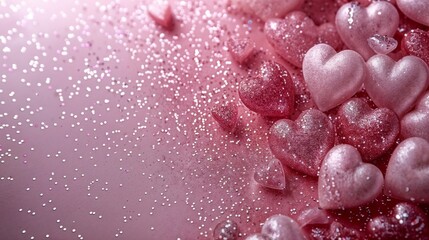 Shiny pink glitter hearts placed on the right side on a pink background. Festive Valentine's Day background