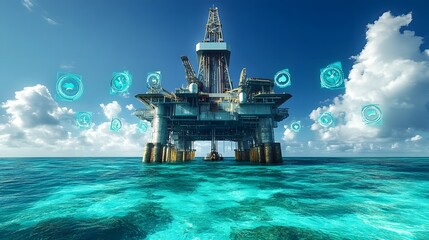 Obraz premium Futuristic Offshore Oil Rig with Holographic Eco Icons Floating in Turquoise Waters