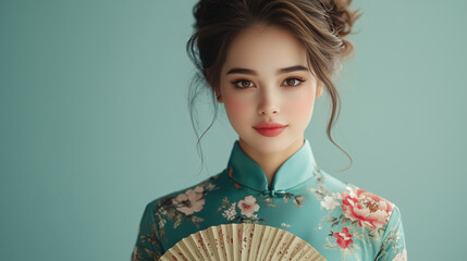 young woman in floral dress holds fan, exuding elegance and grace. Her serene expression complements soft background.