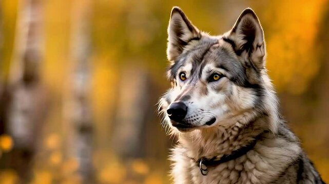 a wolf  with  fall foliage in the background