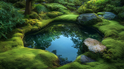 Tranquil moss-covered pond surrounded by lush greenery and rocks.