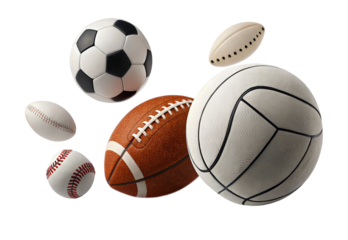Various types of sports balls arranged in a dynamic layout for sports enthusiasts isolated on transparent background