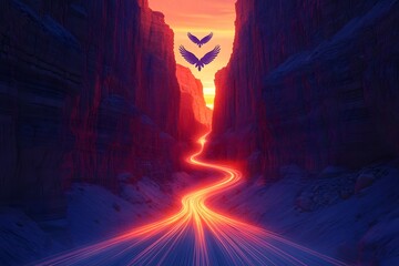 Ethereal Eagle Gliding Through Sunset Lit Canyon Light Trails