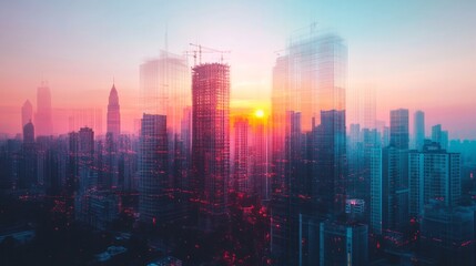 Fototapeta premium Sunrise Metropolis Double Exposure of Urban Development