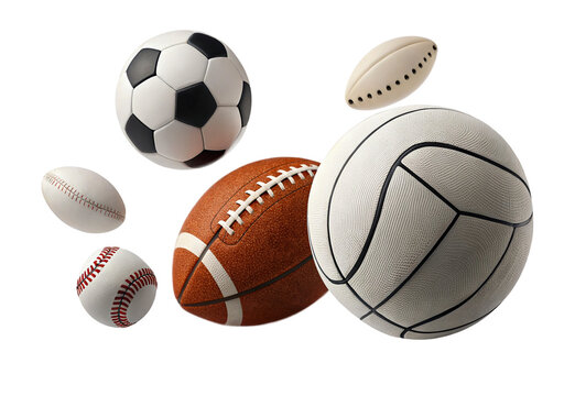Various types of sports balls arranged in a dynamic layout for sports enthusiasts isolated on transparent background - Powered by Adobe