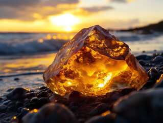 Glowing amber stone on a pebble beach at sunset