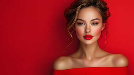 Elegant Woman in Vibrant Red Dress and Bold Red Lipstick Exuding Confidence and Charm in a Fashionable Urban Setting with a Striking Appearance