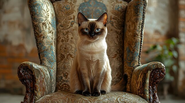 Charming Domestic Cat Sitting Gracefully on a Comfortable Chair in a Cozy Room Surrounded by Warm Light Creating a Relaxed and Peaceful Atmosphere