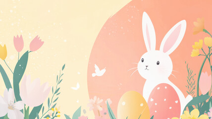Pastel Easter card: Bunny illustrations, space for wishes. Charming design, festive, spring holiday, personalized greetings.