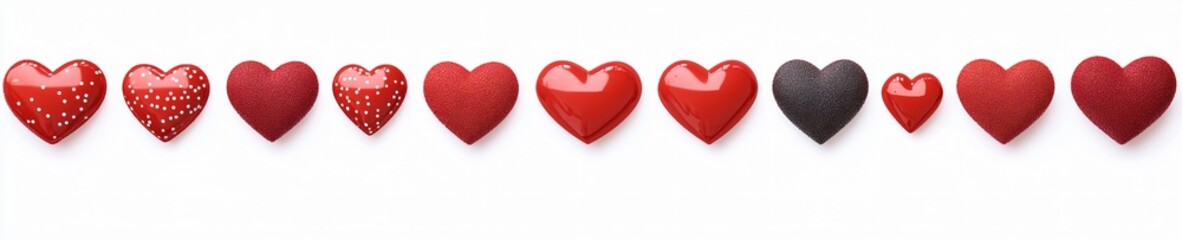 Fototapeta premium Vibrant red hearts in various styles against a white background, ideal for Valentine's Day, love-themed designs, or romantic events.