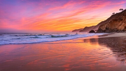 Fototapeta premium Beautiful beach at sunset, waves softly crashing on shore, rich hues illuminating the sky, ideal for inspiring relaxation and wanderlust, perfect for travel-themed projects and nature lovers.