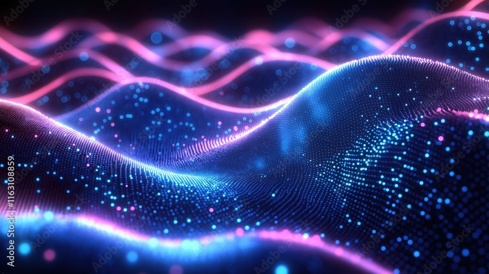 Poster futuristic abstract digital waves. glowing blue and pink dots create dynamic motion. data flow or so