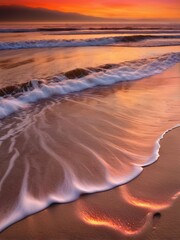 Mesmerizing coastal sunset, waves dancing on sandy beach, vibrant sky blending warm and cool tones, perfect for capturing the essence of tranquility, travel and outdoor lifestyle content.
