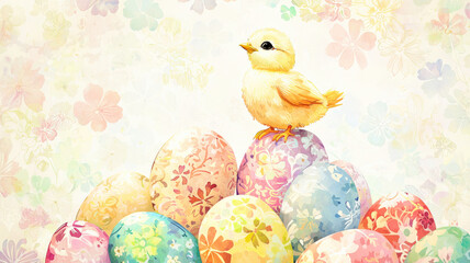 A charming watercolor of a chick perched atop a stack of painted Easter eggs, with a delicate backdrop of soft floral patterns, radiating warmth, joy, and the spirit of springtime celebration.