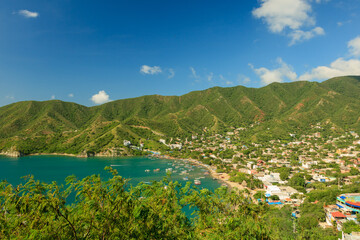 Scenic Taganga Bay with mountains in the background