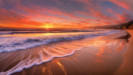 Mesmerizing coastal sunset, waves dancing on sandy beach, vibrant sky blending warm and cool tones, perfect for capturing the essence of tranquility, travel and outdoor lifestyle content.