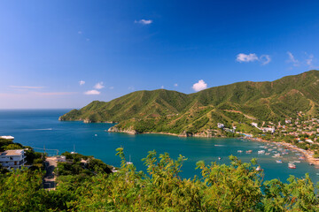 Taganga Bay View from above, beautiful Bay surrounded by Mountains