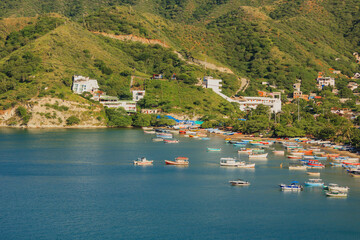 Fishing Boats anchored at shoreline at Taganga Bay, Colombia