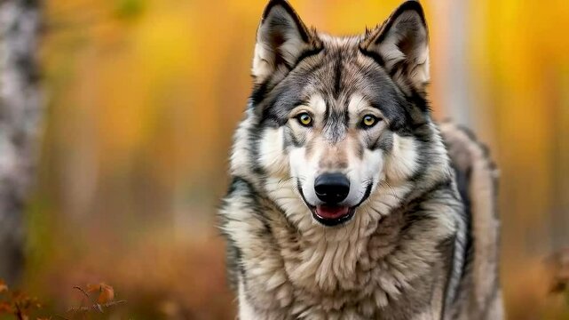 a wolf  with  fall foliage in the background