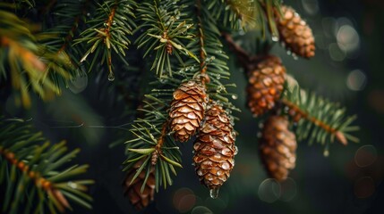 Pine Cones Glistening with Dew