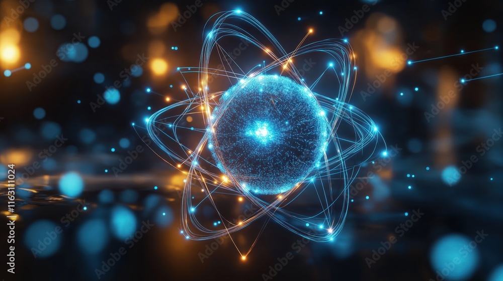 Poster abstract tech design of atom. futuristic ai innovation in nuclear energy. 3d graphic design with lig