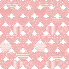 Valentine's Day Abstract Seamless Pattern. Pink Hearts with Different Patterns. Happy Valentines Day Print. Vector illustration in Pink and White