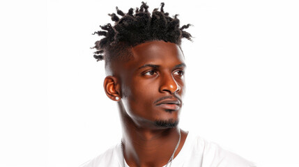 Obraz premium A striking portrait of a young AfroAmerican teen, gazing thoughtfully into the distance against a clean white backdrop.