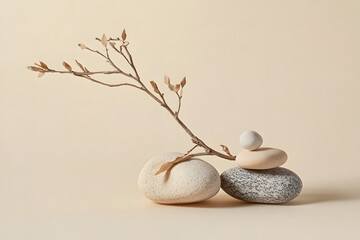 Abstract nature scene with composition of stones and dry branch. Neutral beige background for cosmetic, beauty product branding, identity and packaging. Natural pastel colors. Copy space, front view.