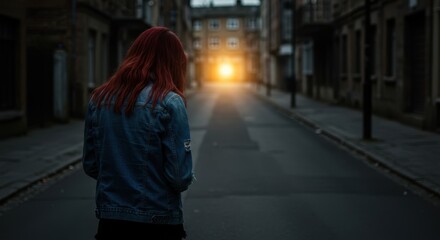 Woman with red hair walking towards sunset light on empty urban street