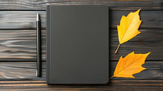 An elegant black notebook with blank pages rests on dark wood, accompanied by delicate feathers. Emphasizing minimalism.