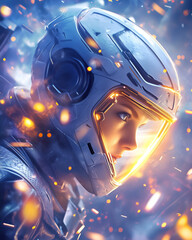 Space explorer in futuristic helmet amidst cosmic chaos