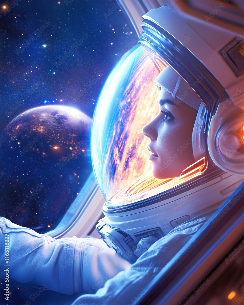 Poster astronaut gazes at distant planets in outer space