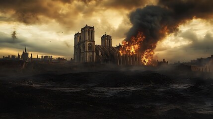 Fototapeta premium Gothic Cathedral Engulfed In Flames During Sunset