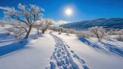 Obraz premium Snowy path through winter landscape with frost covered trees and bright sun.