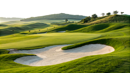 Golf course landscape with rolling hills and soft sand bunkers during golden hour isolated on transparent background