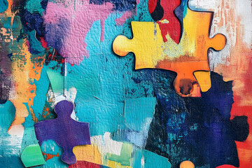 Obraz premium Original Hand drawn modern Multi Colored mixed media art canvas textured background . Abstract oil and acrylic painting creative collage of paper and puzzle pieces. Textured Contemporary Poster design